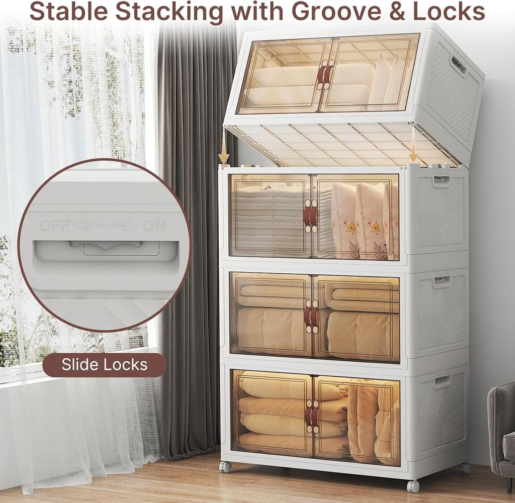 1280Qt Stackable Storage Bins with Lids, 8 Pack Large Collapsible Bins with Wheels, Plastic Cabinet with Doors, Foldable Closet Organizers and Storage for Home, Dorm, Office, White