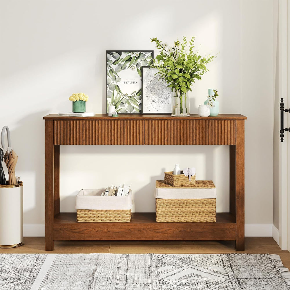 Fluted Entryway Table with 2 Drawers, 47" Console Table for Entryway, Wo...