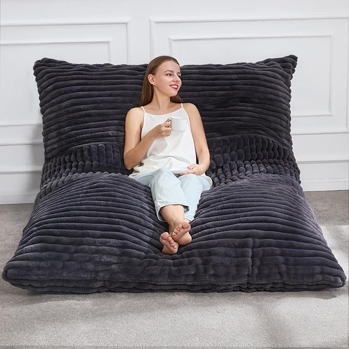 Hobestluk 3 in 1 Bean Bag Chair Giant Bean Bag Chairs Convertible Bean Bag Floor Cushion with Machine Washable Cover, Beanbag Chairs for Adult (Dark Grey)