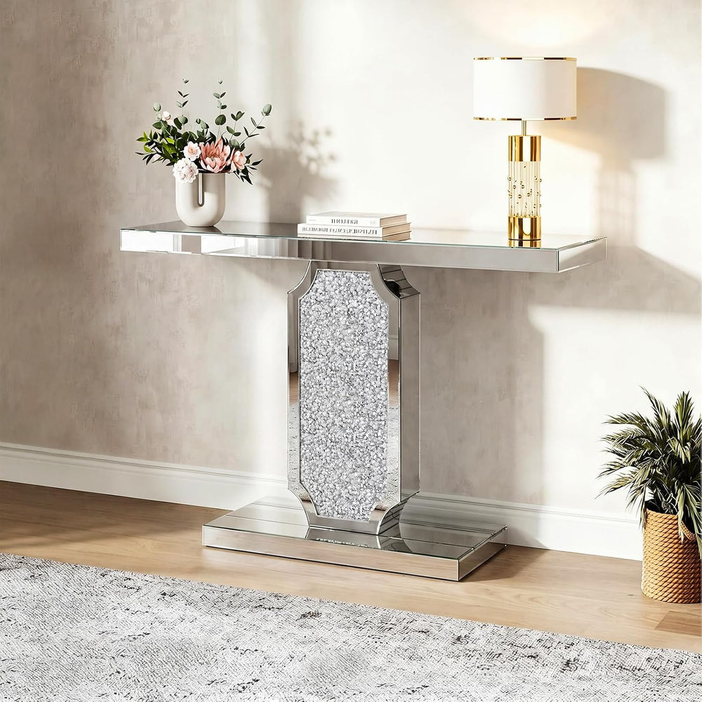 Silver Mirrored Console Table with Crushed Diamond Inlay, 39.4'' Long...