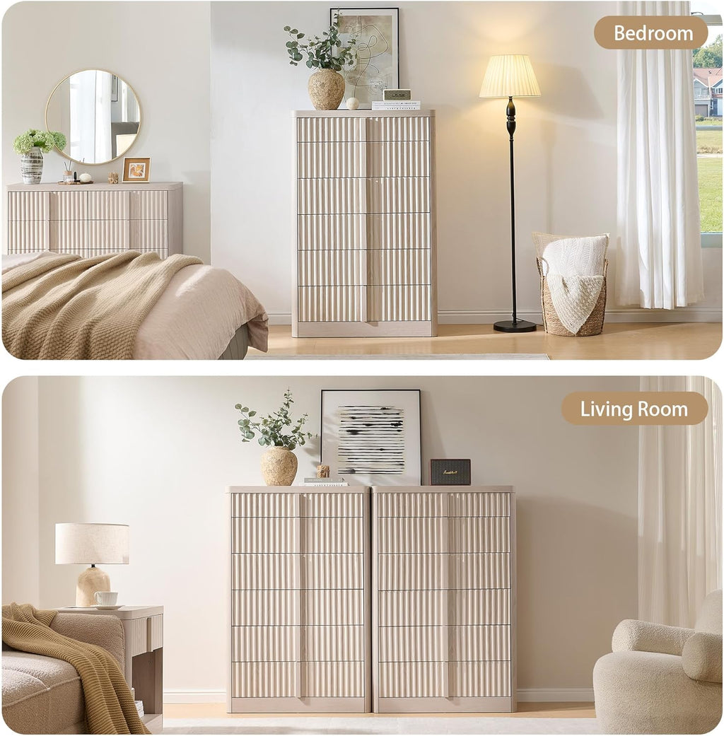 Fluted Dresser for Bedroom, Chest of Drawers, 48" Tall 6 Drawer Dresser, Curved Profile Design, Modern Wooden Chest of Drawers with Solid Wood Handle for Living Room, Bedroom, Hallway