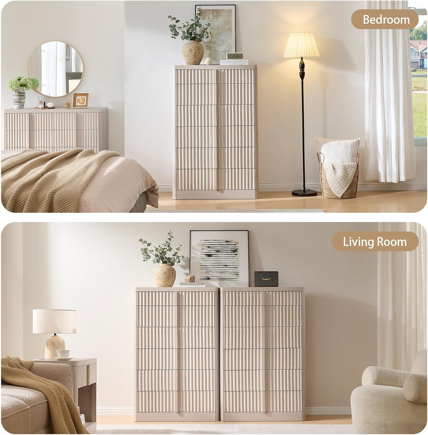 Fluted Dresser for Bedroom, Chest of Drawers, 48" Tall 6 Drawer Dresser, Curved Profile Design, Modern Wooden Chest of Drawers with Solid Wood Handle for Living Room, Bedroom, Hallway