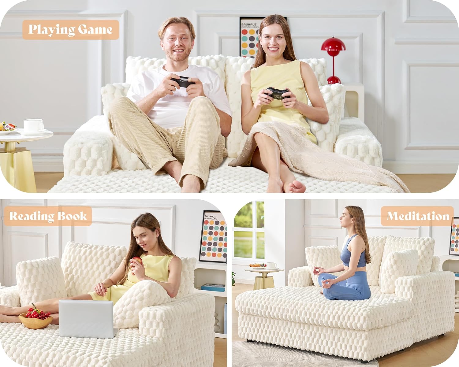 Jocisland 58 Inch Oversized Chaise Lounge, Plush Sofa Bed with Throw Pillows and Armrests, Upholstered Sleeper Chair- Comfy Chair Bed for Living Room, White