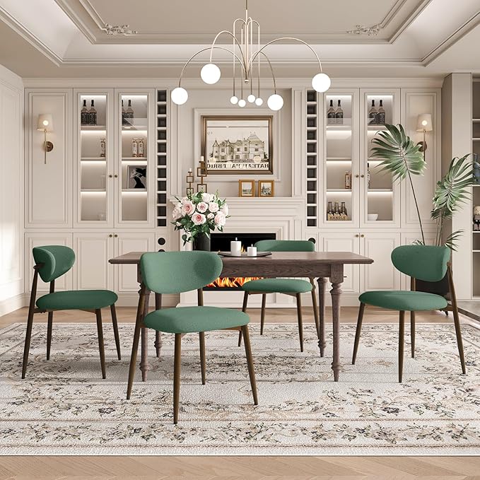 Dining Chairs Set of 6, Curved Back Kitchen Room Chairs with Metal Legs and Anti Slip Pads, Upholstered Dining Chair for Home and Restaurant, Green