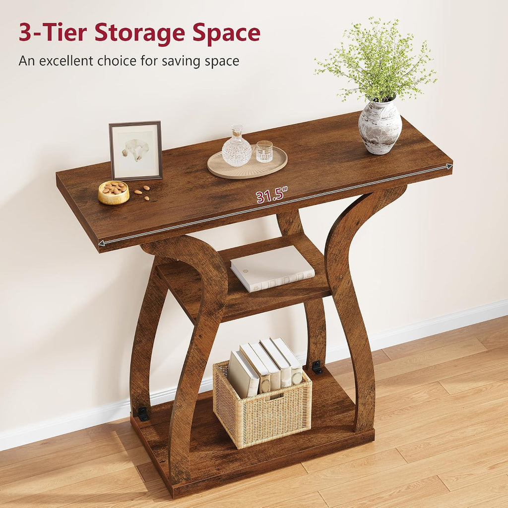 Tajsoon 3-Tier Farmhouse Console Table for Entryway 31.5", Rustic Brown