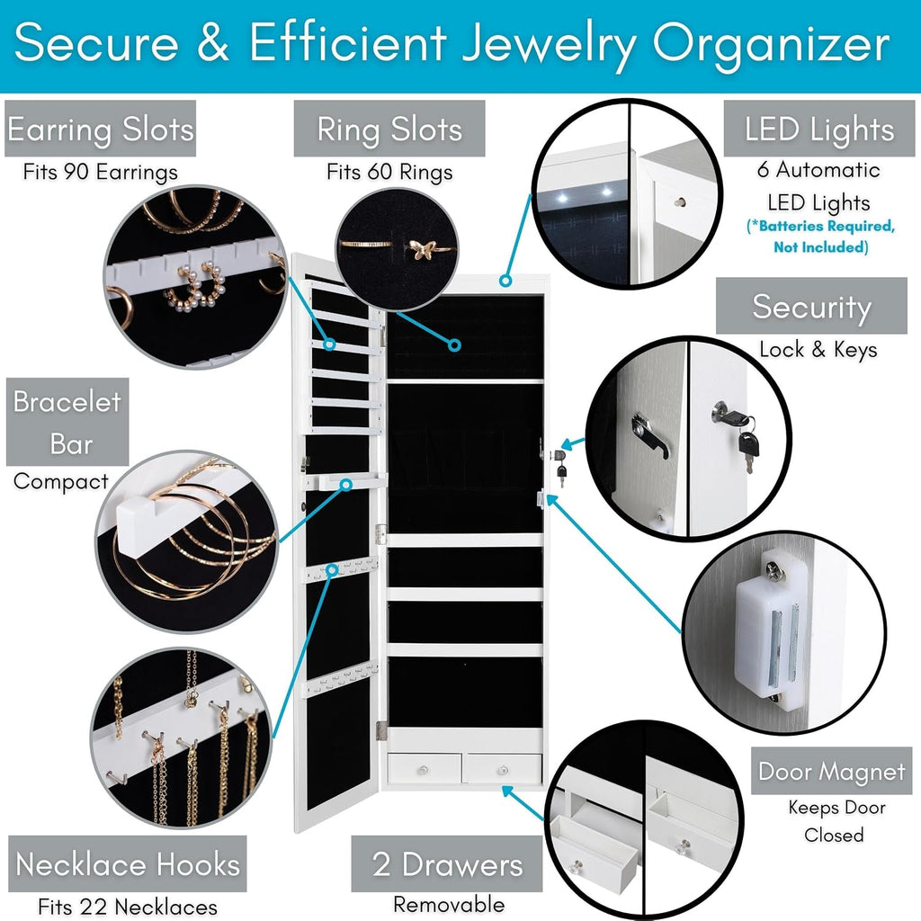 BIRDROCK HOME Hanging Jewelry Organizer - Lockable Storage Cabinet with Body Mirror & LED Lights, Door or Wall Mounted for Closet or Bedroom Dresser, Adjustable Height & Large Capacity - White