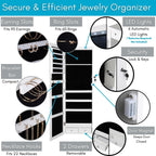 BIRDROCK HOME Hanging Jewelry Organizer - Lockable Storage Cabinet with Body Mirror & LED Lights, Door or Wall Mounted for Closet or Bedroom Dresser, Adjustable Height & Large Capacity - White
