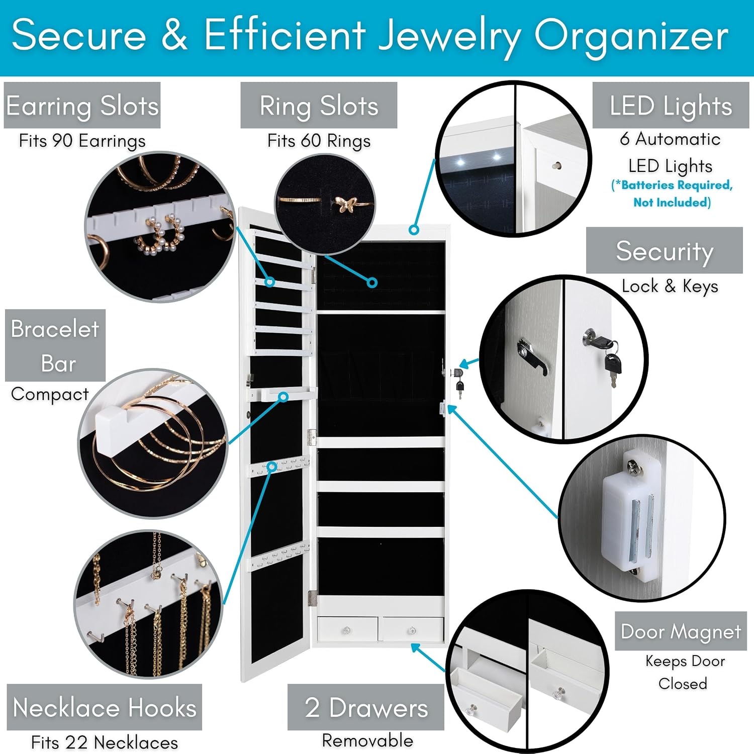 BIRDROCK HOME Hanging Jewelry Organizer - Lockable Storage Cabinet with Body Mirror & LED Lights, Door or Wall Mounted for Closet or Bedroom Dresser, Adjustable Height & Large Capacity - White