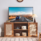LEYAOYAO Rattan TV Stands for Living Room, Boho TV Cabinet with Storage and Open Shelf, Rustic Wood Entertainment Center, Media Console for 50-65 Inch TV, Tea Brown