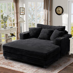 60" Oversized Chaise Lounge Chair with Wood Frame, USB Charging Port, Black | Comfy Plush Faux Fur, 2 Cup Holders & 3 Throw Pillows, Upholstered Sofa Bed for Living Room, Movie Room