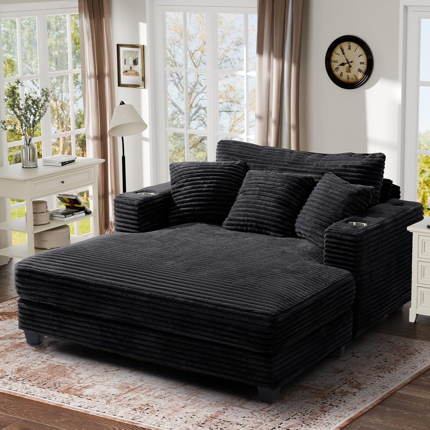 60" Oversized Chaise Lounge Chair with Wood Frame, USB Charging Port, Black | Comfy Plush Faux Fur, 2 Cup Holders & 3 Throw Pillows, Upholstered Sofa Bed for Living Room, Movie Room