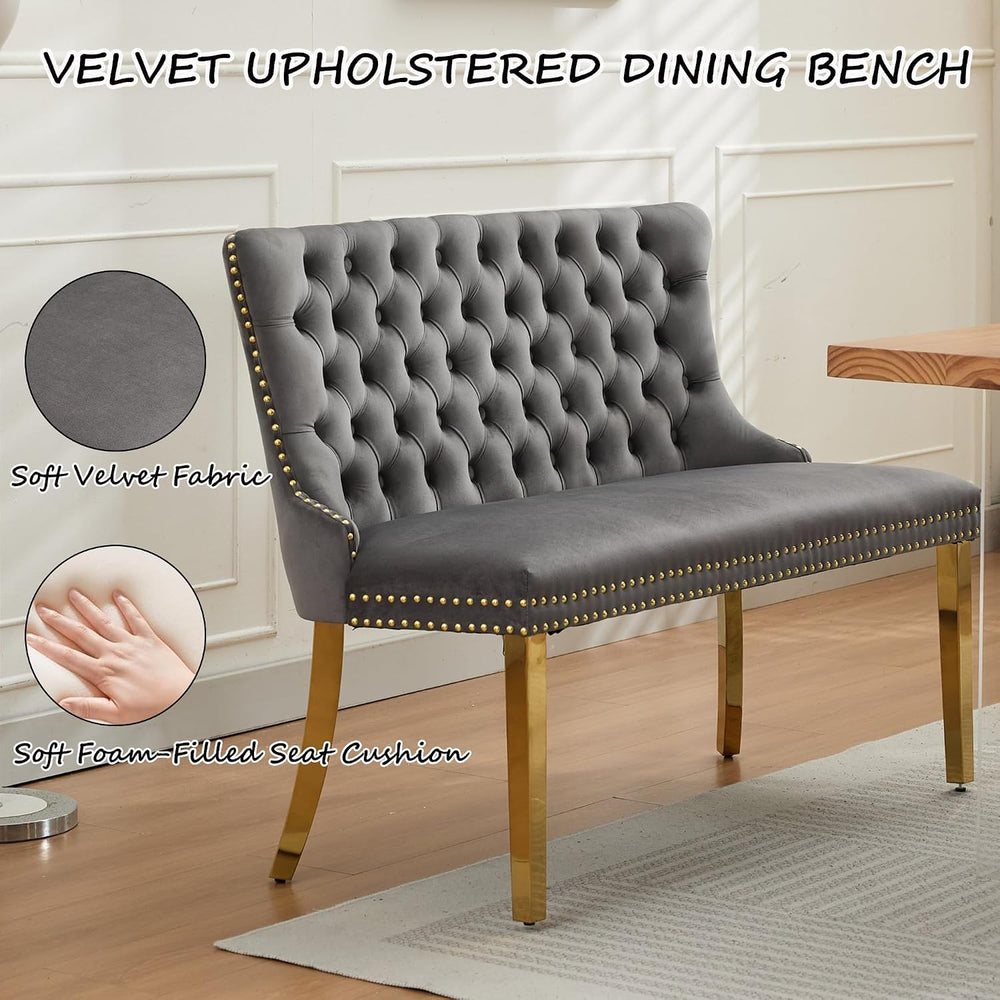 Velvet Upholstered Dining Bench with Back, 45.6'' Tufted Loveseat Ben...