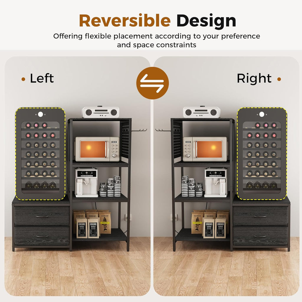 Mini Fridge Stand with Adjustable Shelf, Power Outlet & Storage, Kitchen Organizer for Microwave, Coffee Bar, Dorm, Office (Black)