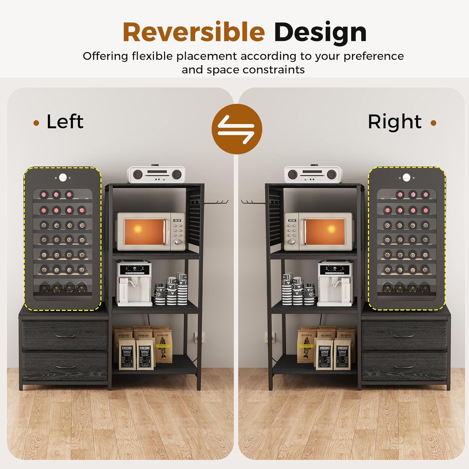 Mini Fridge Stand with Adjustable Shelf, Power Outlet & Storage, Kitchen Organizer for Microwave, Coffee Bar, Dorm, Office (Black)