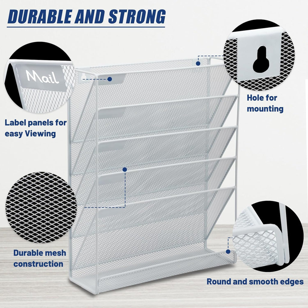 EASEPRES Desk File Organizer Mesh 6-Tier, Hanging Wall Mount Document Organization Stand, Desktop Vertical Mail Paper Folder Holder Rack with Bottom Tray for Office Home Cubicle Countertop, White