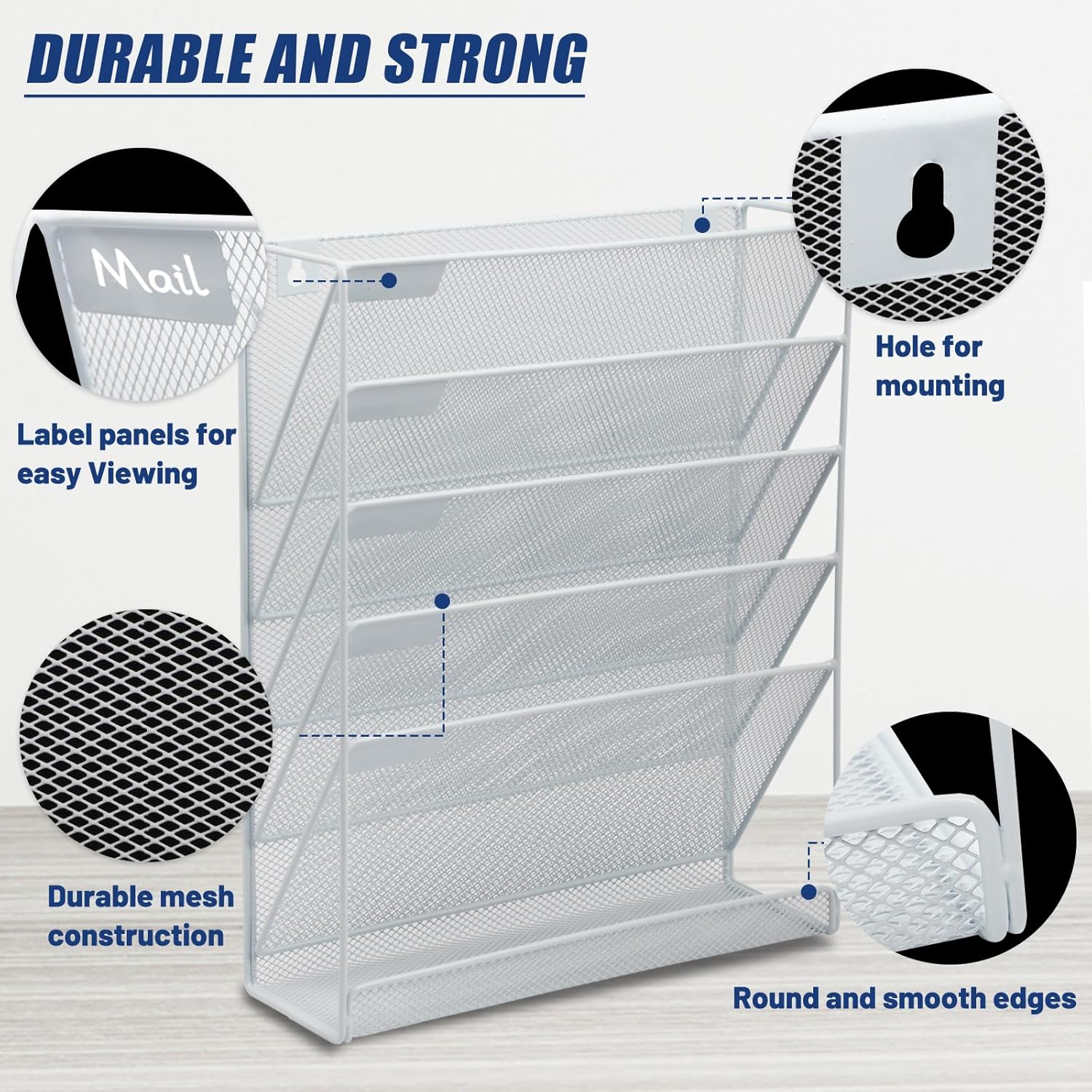 EASEPRES Desk File Organizer Mesh 6-Tier, Hanging Wall Mount Document Organization Stand, Desktop Vertical Mail Paper Folder Holder Rack with Bottom Tray for Office Home Cubicle Countertop, White