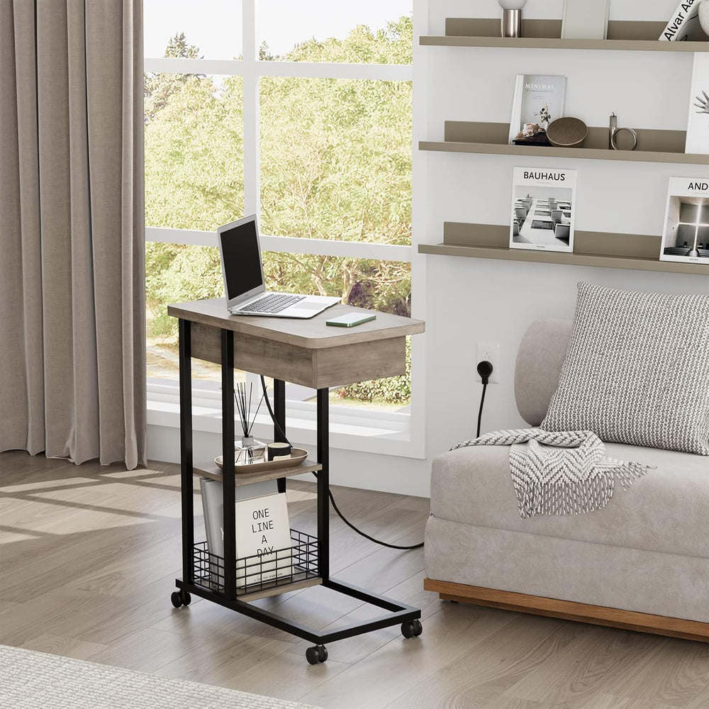 TrailBlaze C-Shaped Side Table with Charging Station, Flip Top End Table with...