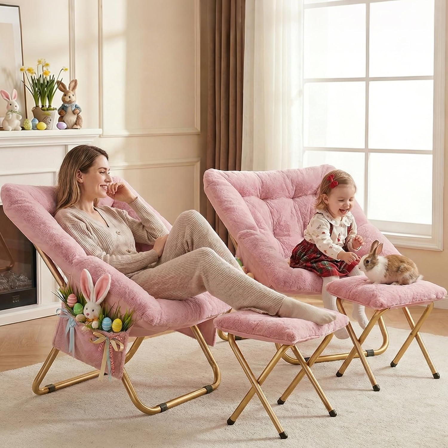 Kasunpul Comfy Saucer Chair, Foldable Living Room Chairs, Soft Faux Fur Lounge Chair for Bedroom, Reading Chairs for Adults, Teens, X-Large (Pink)