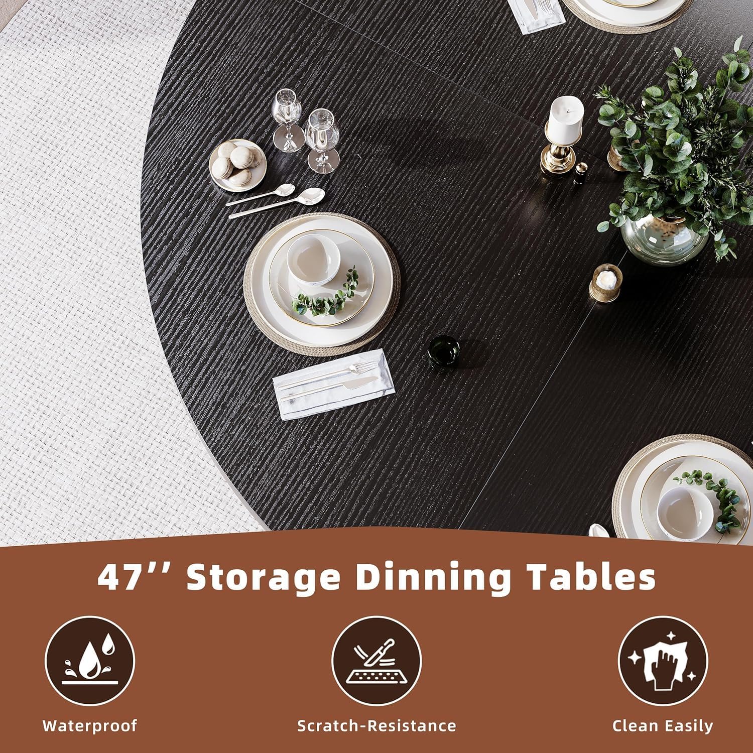 47 Inch Round Dining Table with Storage, 2-Layer Shelf & Wood Slide Door, Farmhouse Style, Waterproof Top, 330 lbs Capacity, for 4-6 Person, Easy Assembly, Ebony