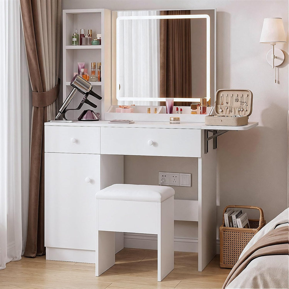 Haewon Vanity Desk Set with Lighted Mirror and Chair, White | Makeup Table wi...