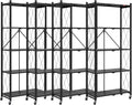 DEANIC 5 Tier Foldable Storage Shelves with Wheels, Large Capacity Shelving Unit, Freestanding Metal Wire Shelf Rack, No Assembly Organizer Rack for Garage Kitchen, Basement, Pantry(Black Pack of 4)
