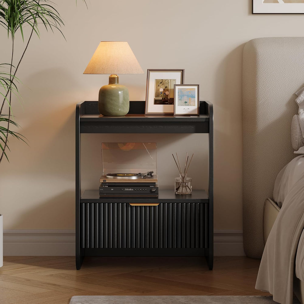 Nightstands Set of 2, Fluted Bedside Tables with Amber Glass Top | Hidden Dra...