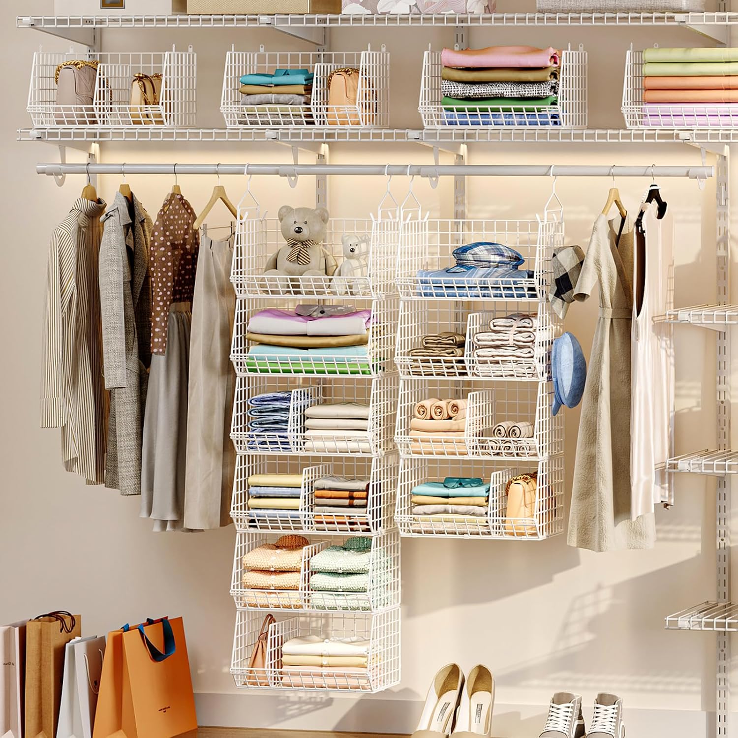 6 Tier Extra Large Hanging Closet Organizer, Closet Storage Hanging with Dividers, Wire Closet Shelf with 5 S Hooks 4 Dividers,Sweater Handbag Hat Accessory Storage Hanger,White