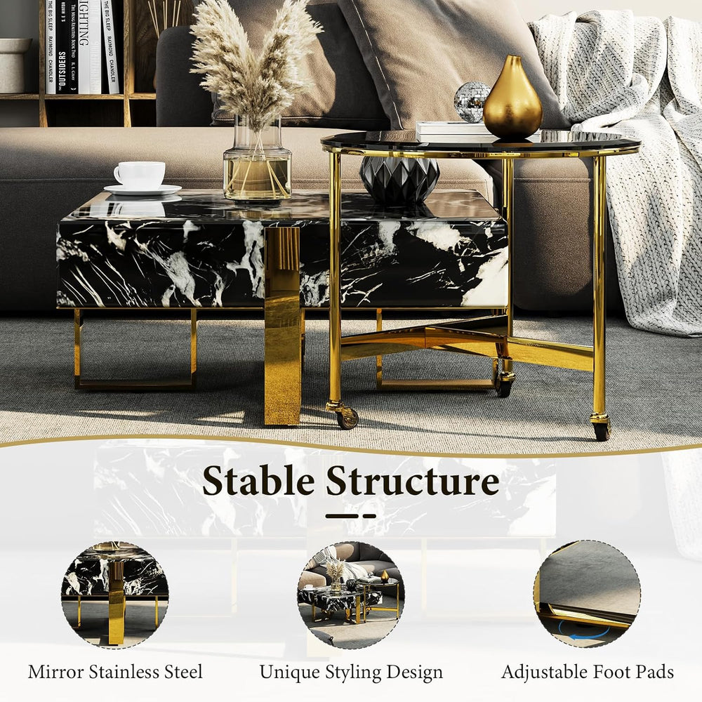 Black Square Coffee Table and Round End Table, Nesting Coffee Table Set of 2,...