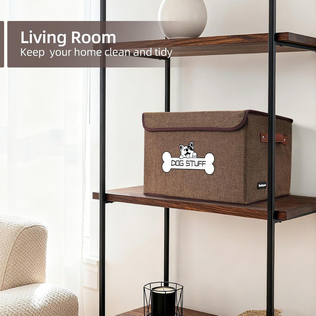 Dog Toy Basket with Lid, Collapsible Box for Pet Accessories | Storage Bin for Living Room, Fabric Container with Handle, Organizer for Small Medium dogs, Coffee