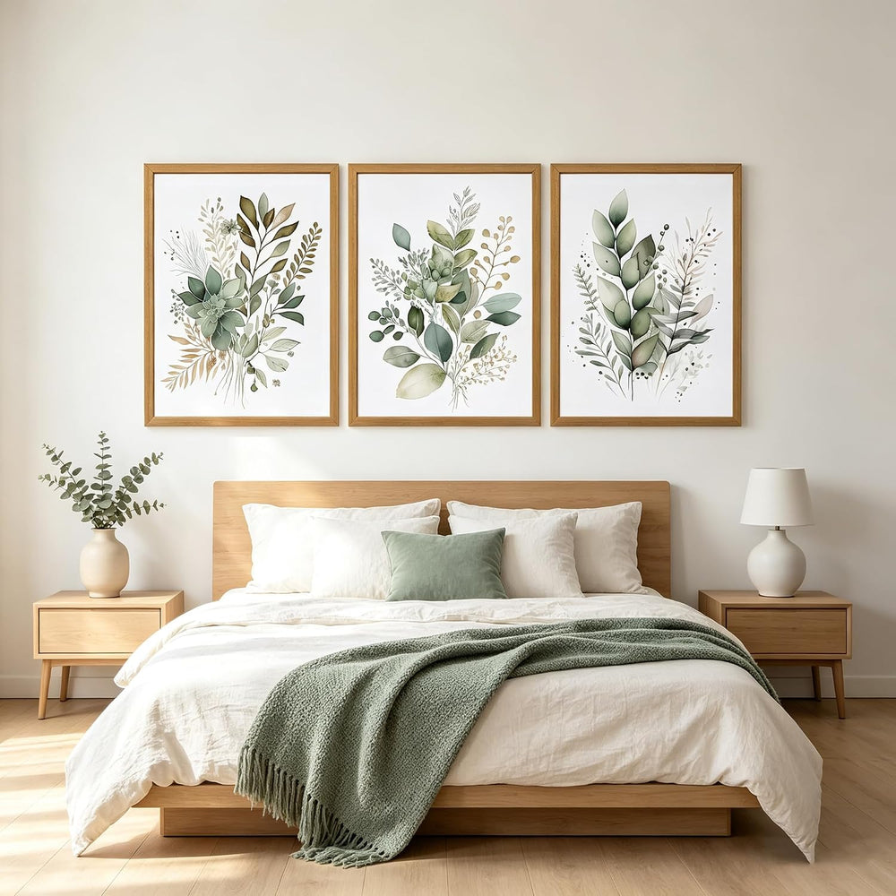 Sage Green Botanical Wall Art Set of 3, Modern Watercolor Eucalyptus Leaf Can...
