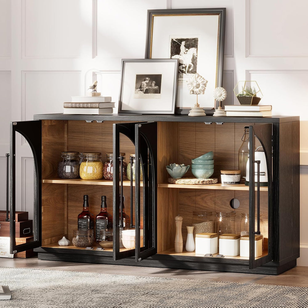 Large Arched Kitchen Sideboard, Wooden Storage Cabinet with Glass Doors with ...