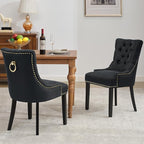 Modern Leisure Linen Dining Chairs Set of 2, Upholstered Dining Chair with Solid Wood Legs, Mid-Century Dining Room Chairs with Pull Ring and Tufted Backrest, Black