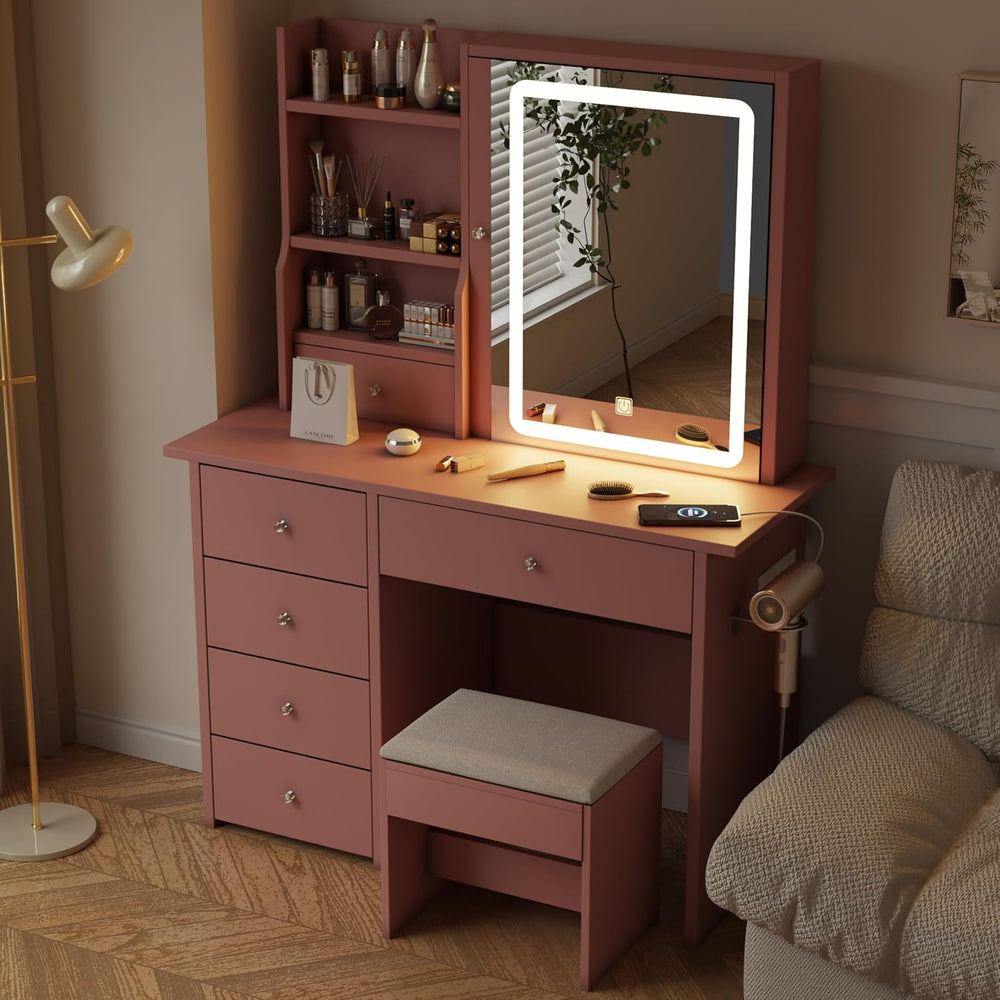 Vanity Desk with Mirror and LED Lights, Makeup Vanity Set with Power Outlet, ...