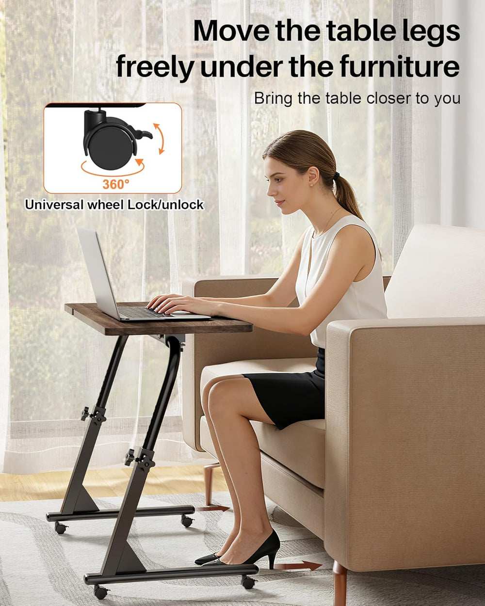 TV Tray Table with Wheels, Height Adjustable Folding Laptop Desk for Sofa | T...