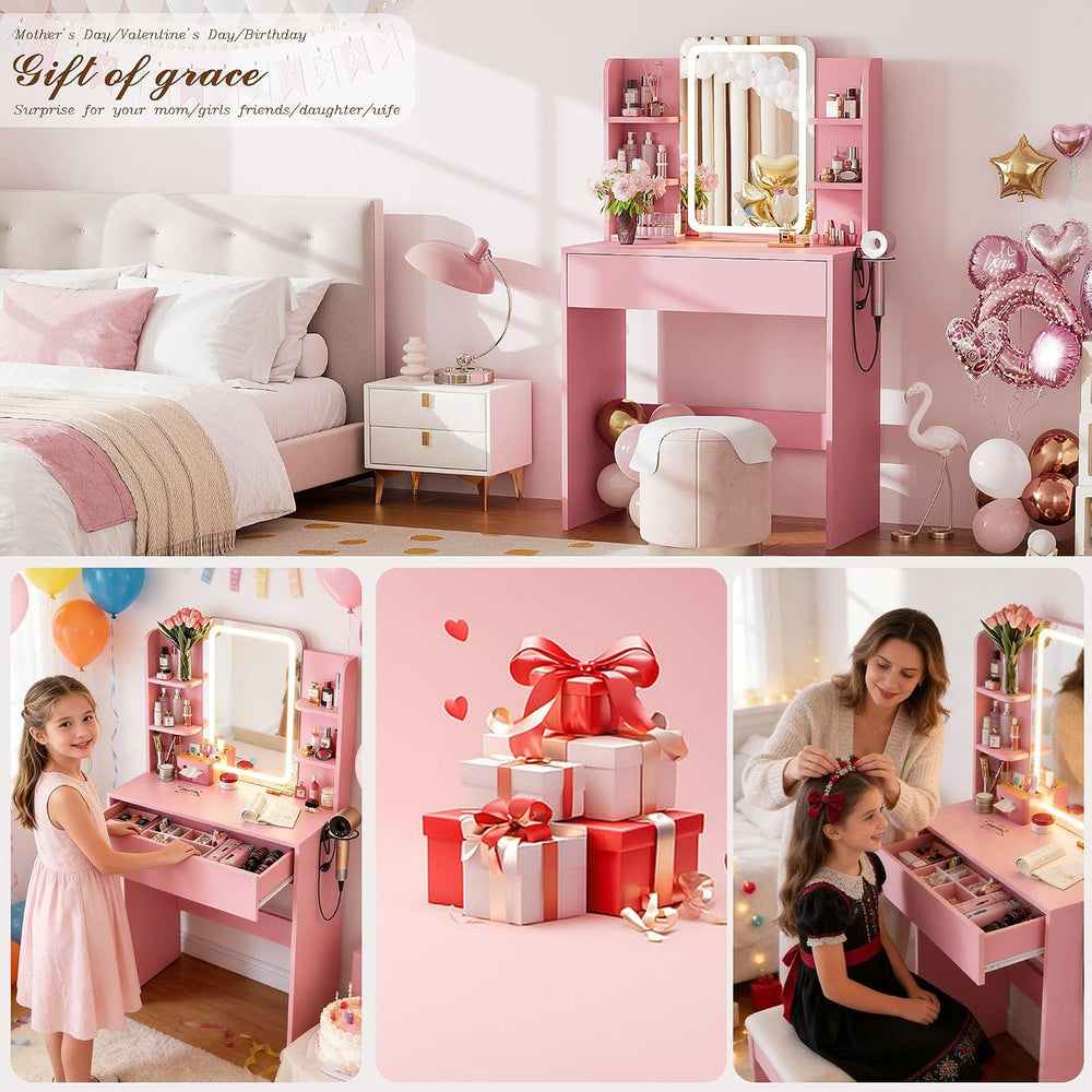 Small Vanity Desk with Mirror and lights,Pink Makeup Vanity for Girls Kid | C...