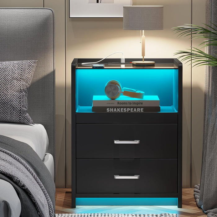 AOGLLATI LED Nightstands Set of 2 with Charging Stationand Glass Top | Black Night Stand with 2 Drawers, Bedside Table with Pull-Out Shelf, Modern End Side Tables with USB Ports Outlets