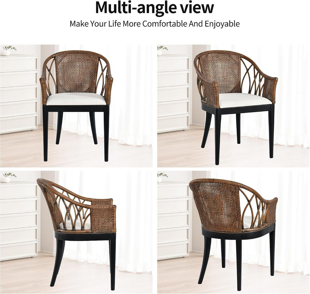 DUHOME Wood Rattan Arm Accent Chair Natural Wash/White Cushion Side Armchair ...