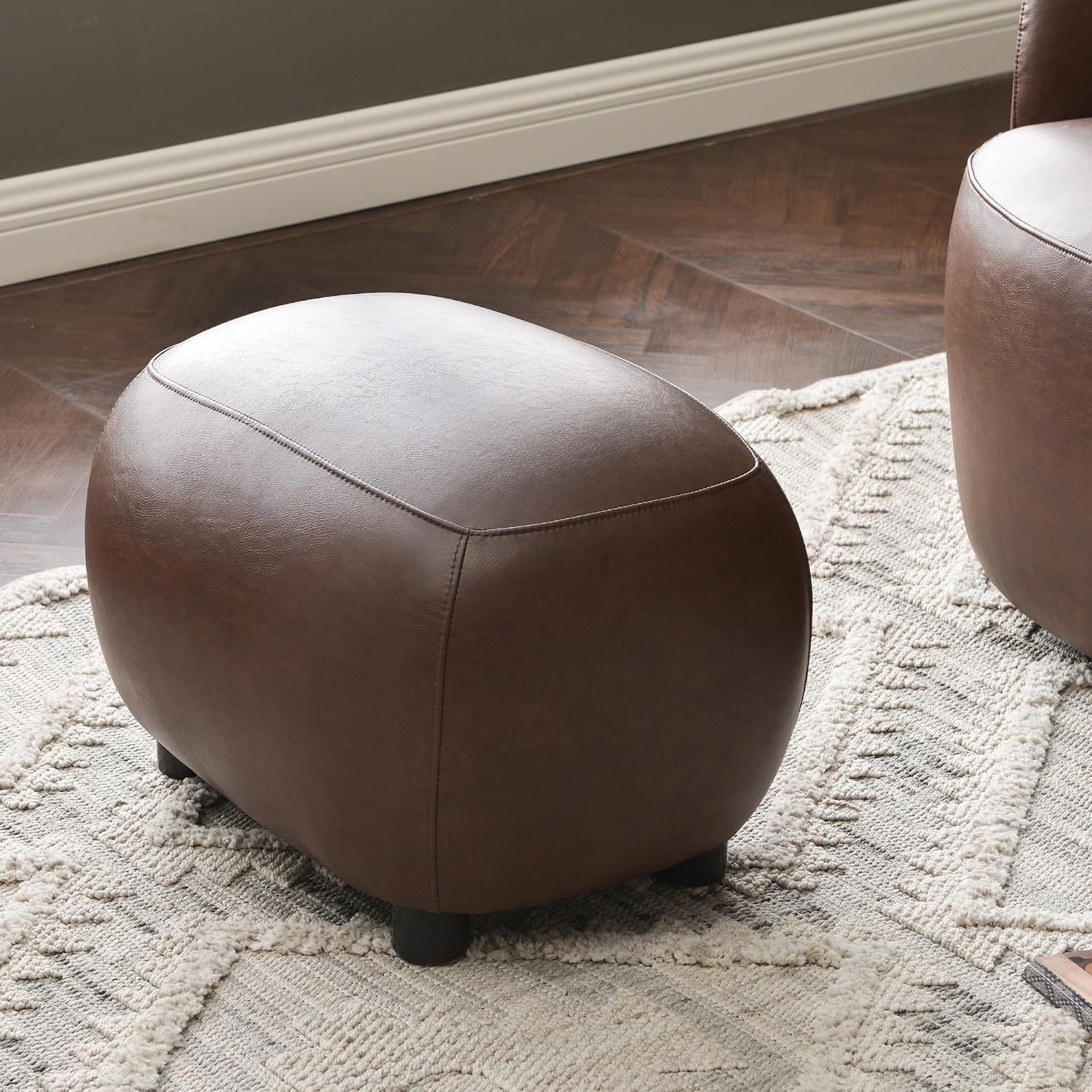 KINWELL 23" Wide Faux Leather Upholstered Ottoman, Mid-Century Modern Living Room Footrest with Soft Padded Seat, Footstool for Bedroom, Entryway or Living Room, Dark Brown