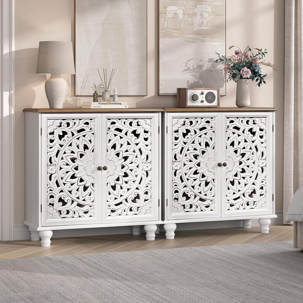 Accent Cabinet with Doors, Decorative Storage Cabinet with Adjustable Shelf, Carved Sideboard Buffet with Solid Wood Legs for Living Room, Entryway, Kitchen, Hallway, White