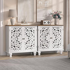 Accent Cabinet with Doors, Decorative Storage Cabinet with Adjustable Shelf, Carved Sideboard Buffet with Solid Wood Legs for Living Room, Entryway, Kitchen, Hallway, White