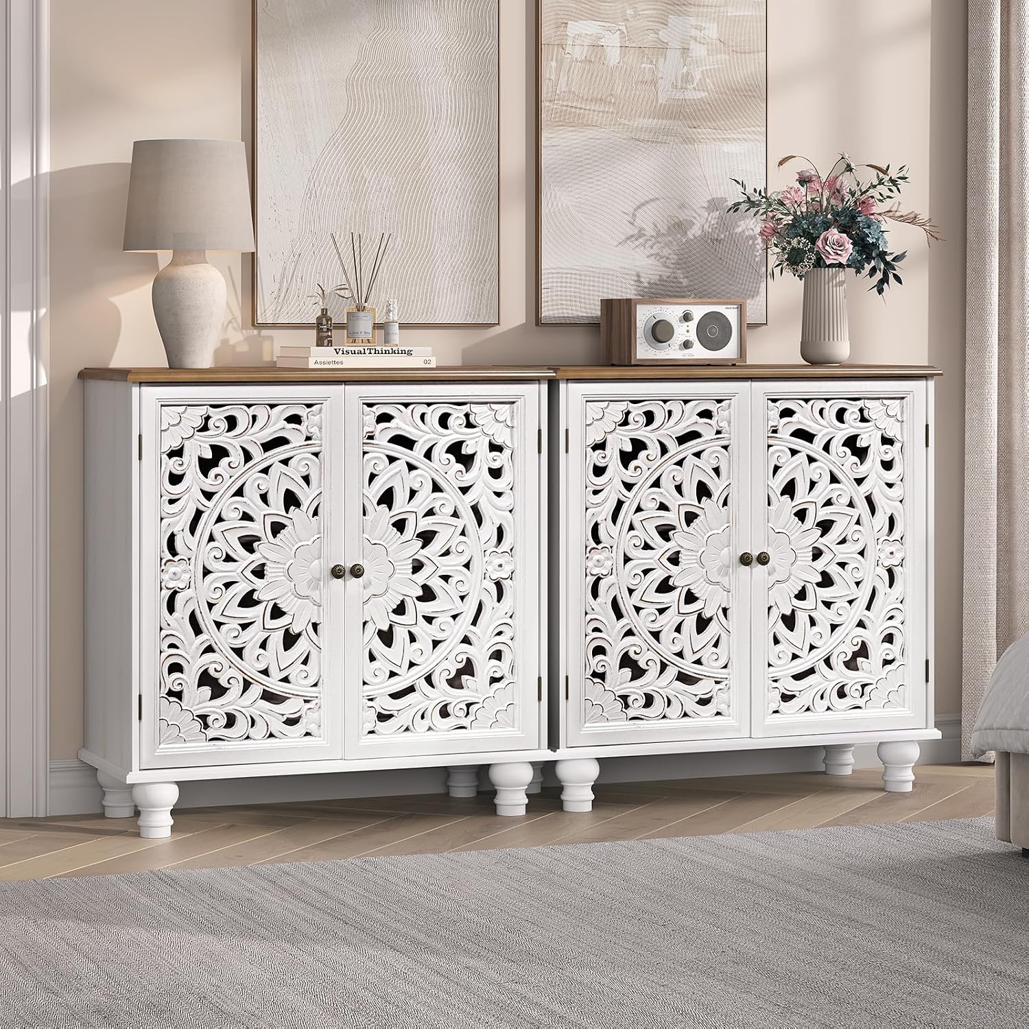 Accent Cabinet with Doors, Decorative Storage Cabinet with Adjustable Shelf, Carved Sideboard Buffet with Solid Wood Legs for Living Room, Entryway, Kitchen, Hallway, White