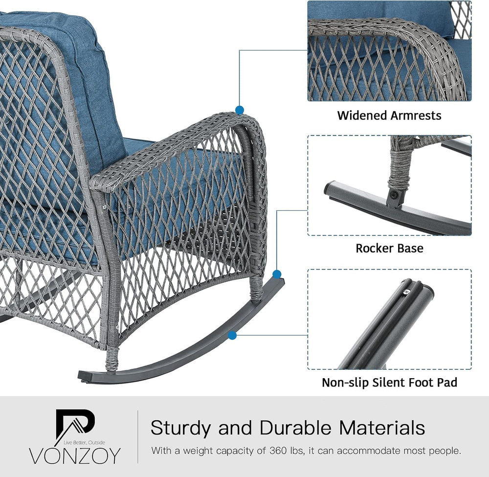 Patio Furniture Set 3 Pieces, Wicker Outdoor Rocking Bistro Set, Blue | VONZO...