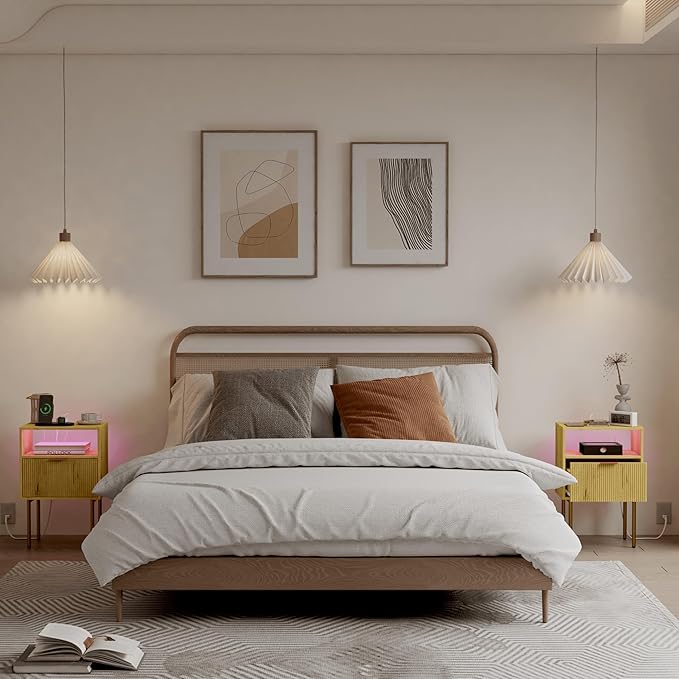 Nightstand with Charging Station, Bedside Table with Storage Drawer, Fluted S...