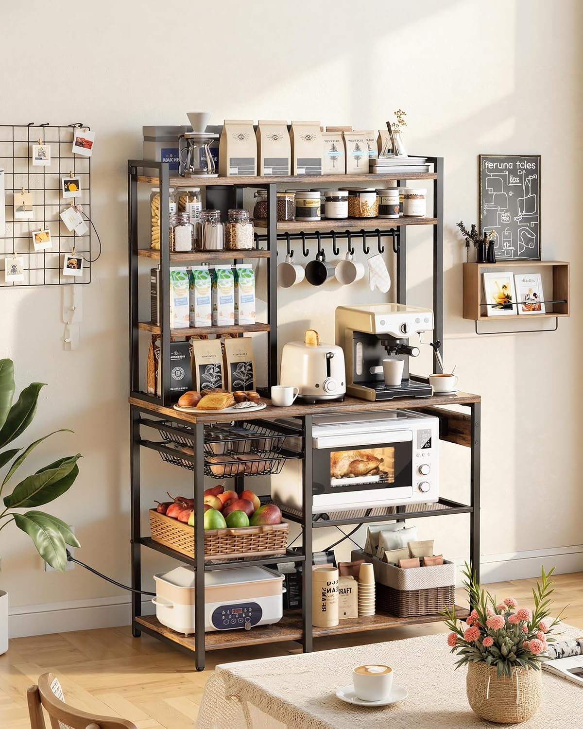 VEVOR Kitchen Bakers Rack with Power Outlets, 35.4x15.7x70.9 Inch Microwave Stand with Built-in Power Strip & 5 Ft Cord, 10 S-Shaped Hooks, for Dish Storage, Spice Jars, Coffee Bar Organization
