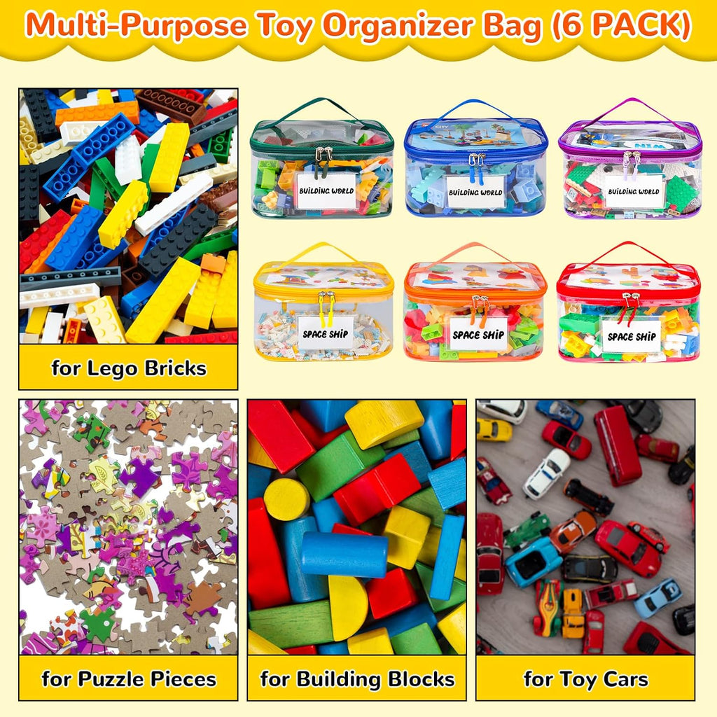 6 Pack Clear Toy Storage Bag with Name Tag& Manual Pocket, Waterproof Transparent PVC Toy Organizer Case for Lego Bricks, Board Games, Building Blocks, Puzzles (Large Capacity, Colorful)