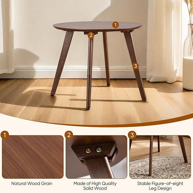 2-Piece Dining Table Set, Mid Century Modern Solid Wood, Round Side Table Set with Upholstered Chair, Easy Assembly for Home, Office and Living Room, Walnut