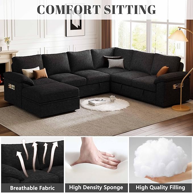108 Inch Modular Sectional Sofa with Pull Out Bed, U Shaped 7 Seat Sectional Sleeper Sofa with Storage, Sectional Couches for Living Room,Cloud Modular Couch, Removable Sofa Cover, Black