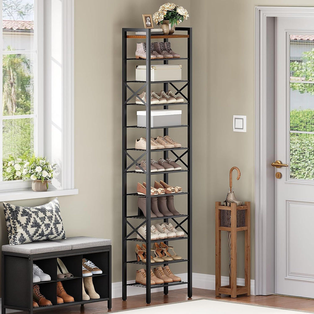 12-Tier Narrow Shoe Rack, Tall Shoe Rack for 12-24 Pairs, Slim Shoe Storage Organizer with Wooden Top, Space Saving, Metal Frame, for Entryway, Rustic Brown and Black SS61BR