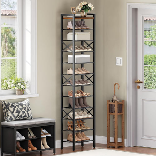 12-Tier Narrow Shoe Rack, Tall Shoe Rack for 12-24 Pairs, Slim Shoe Storage Organizer with Wooden Top, Space Saving, Metal Frame, for Entryway, Rustic Brown and Black SS61BR
