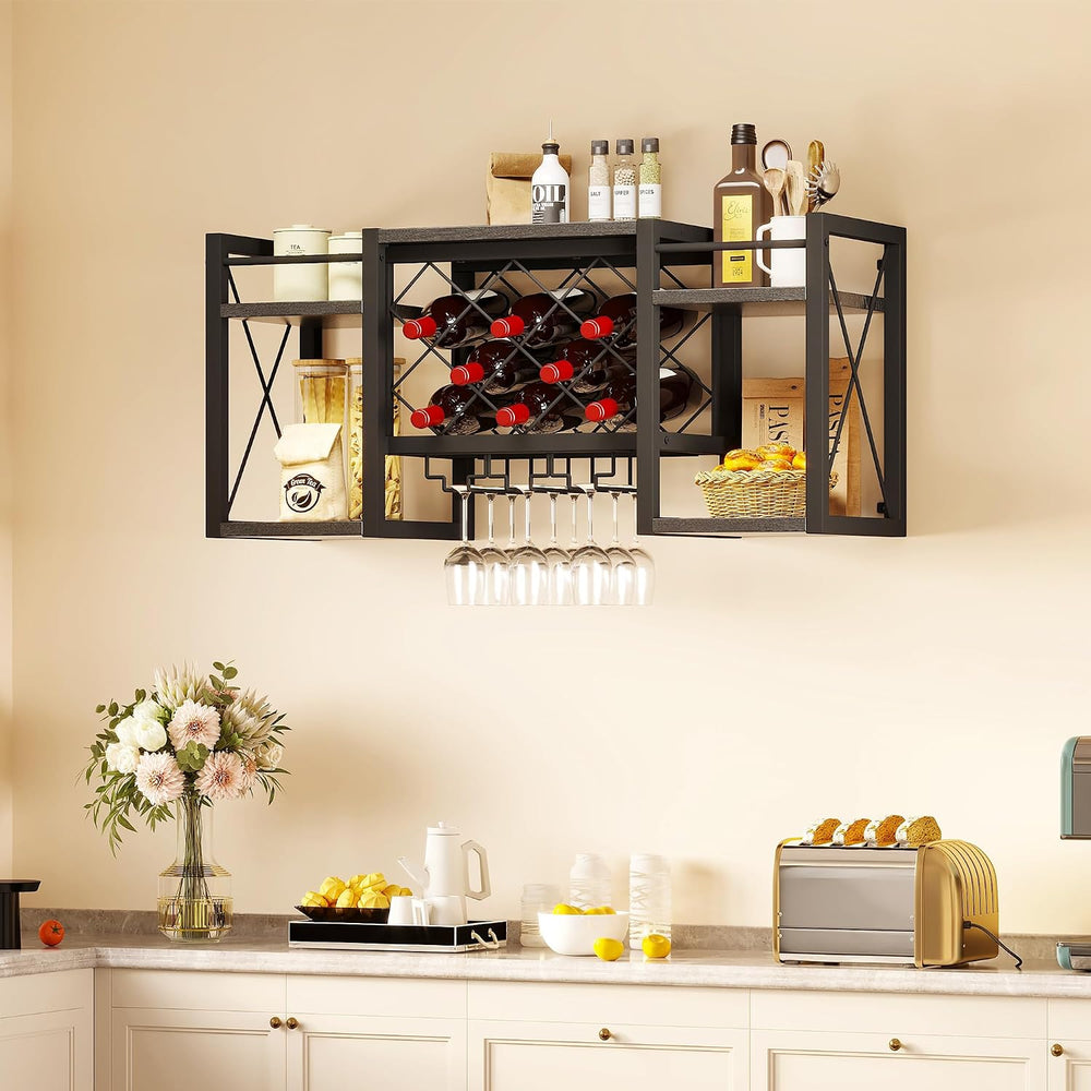Wall Mounted Wine Rack with Glass Holder, Wood-Metal Retro Bar Shelf, Wine Bo...